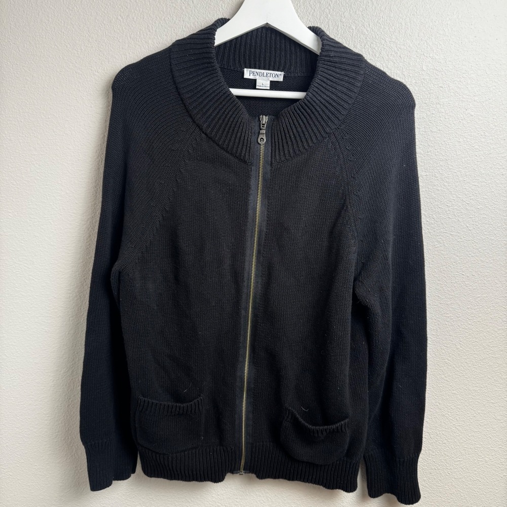 Pendleton Full Zip Mock Neck Cardigan Sweater Size L Regular Black Cotton Ribbed